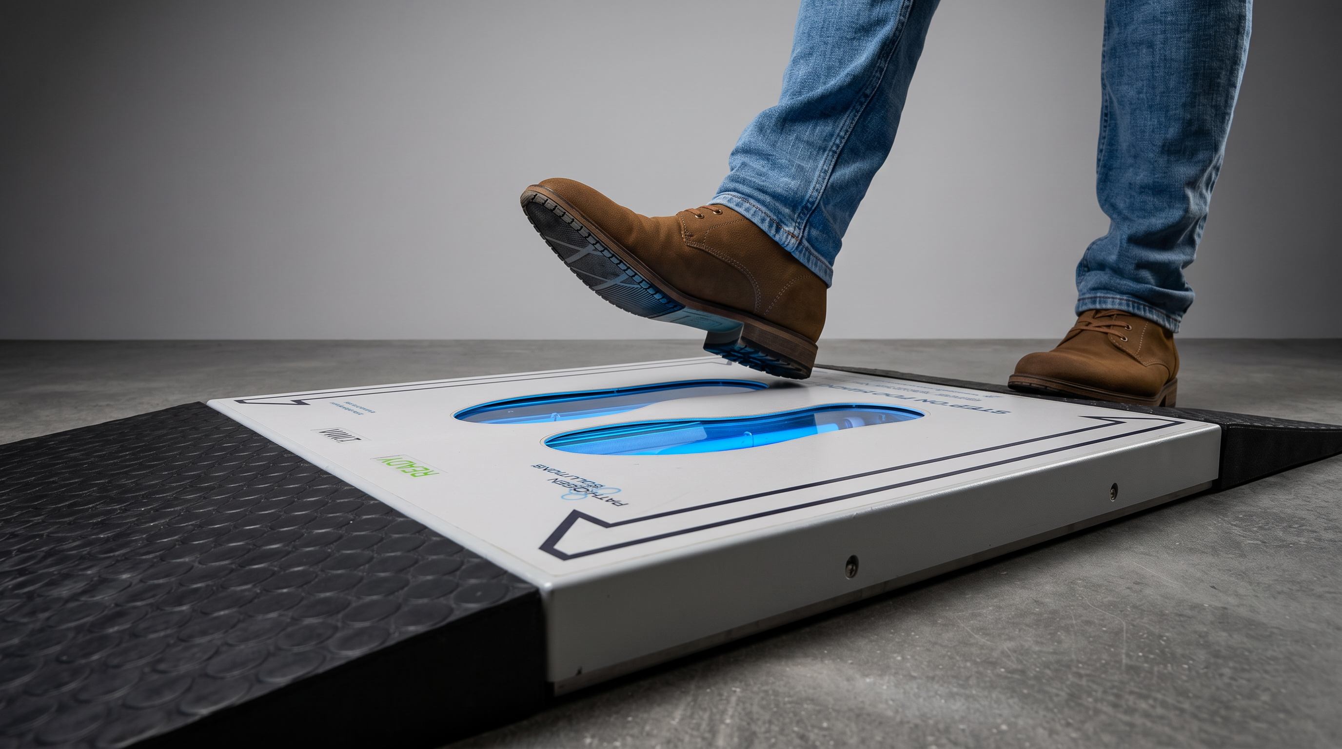 UVZone® footwear sanitizing station showing its low-profile floor footprint at a personnel entry