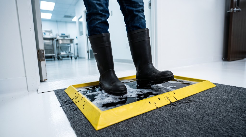 Worker stepping into a boot washing footbath at a facility entry