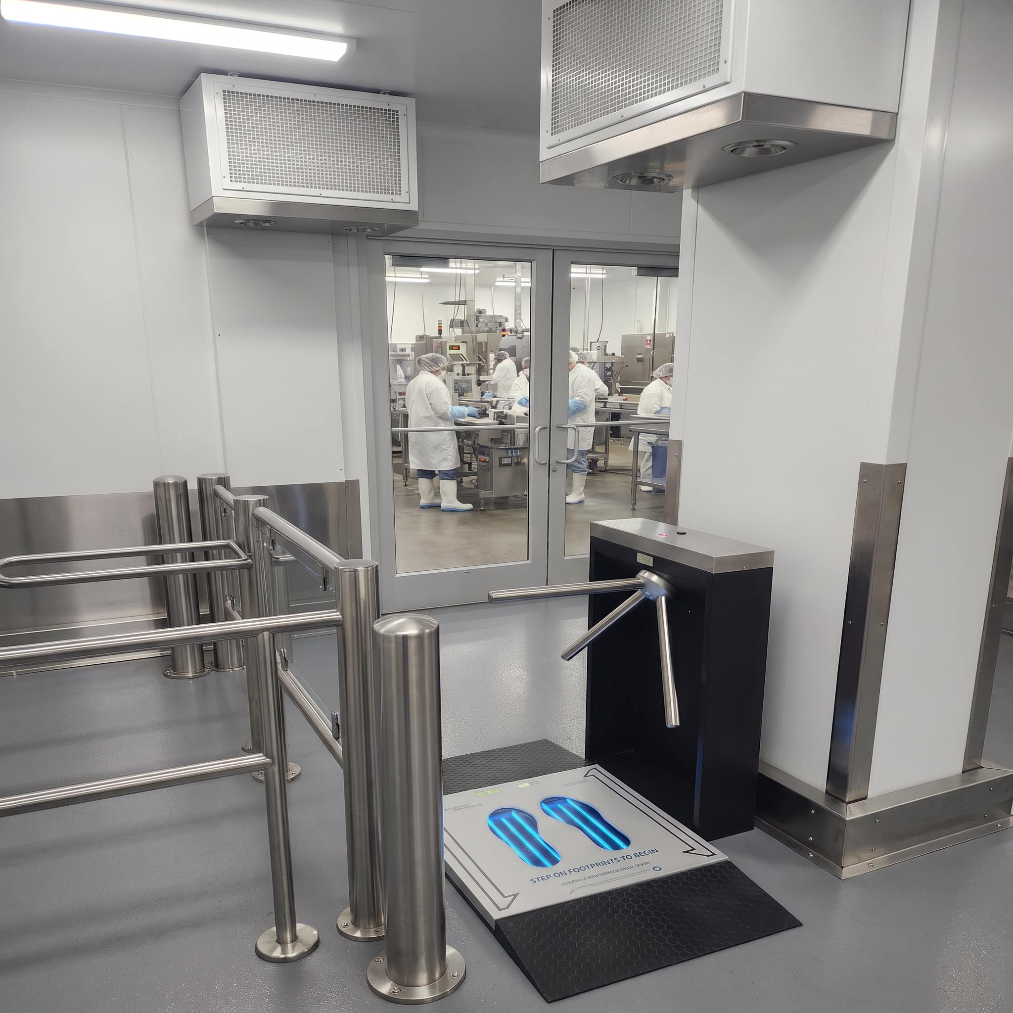 UVZone® footwear sanitizing station installed at a personnel transition in a controlled facility