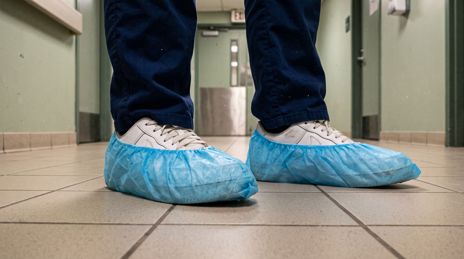 Disposable shoe covers at a clinical facility exit transition