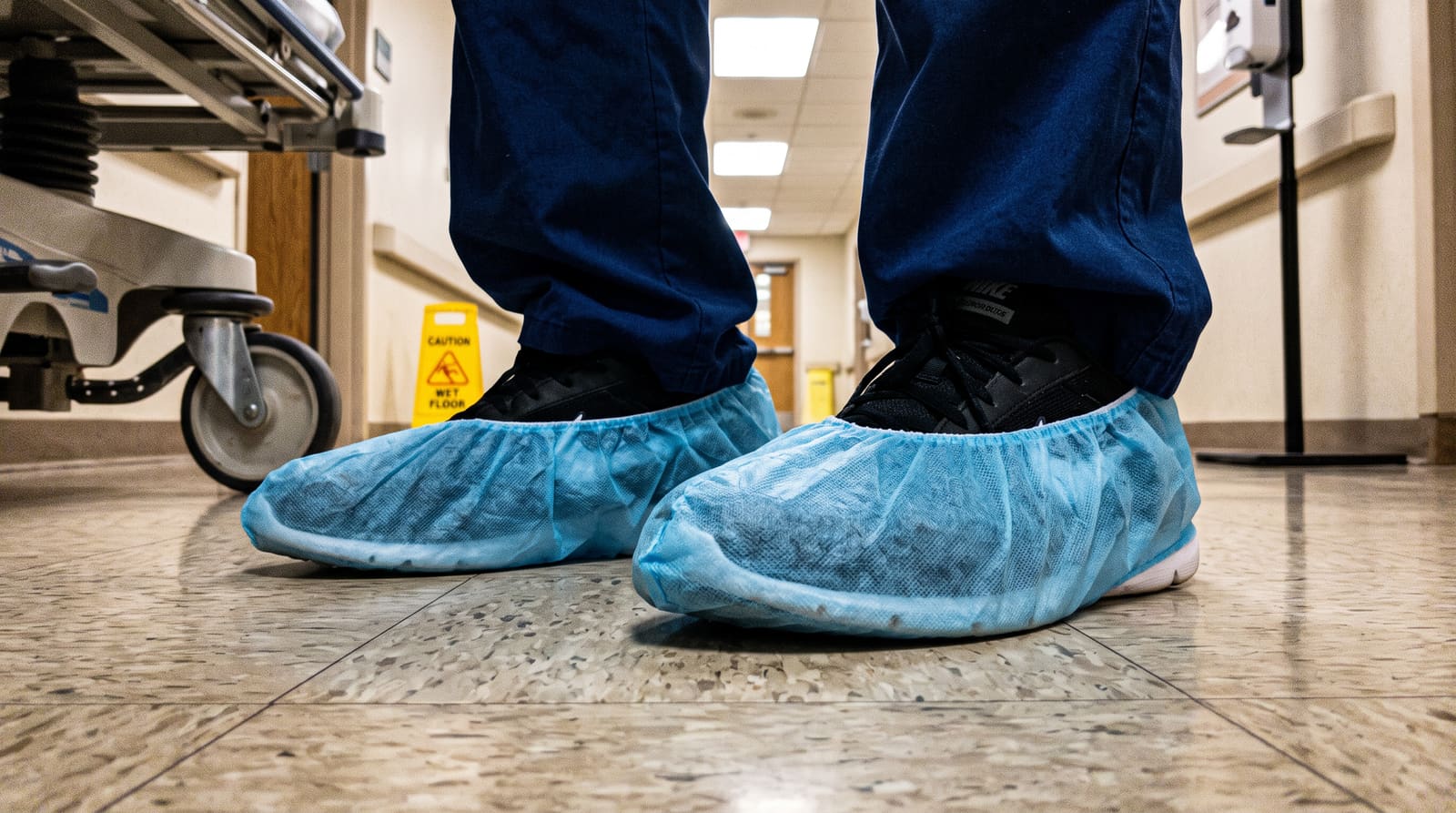 Disposable shoe covers in a healthcare corridor