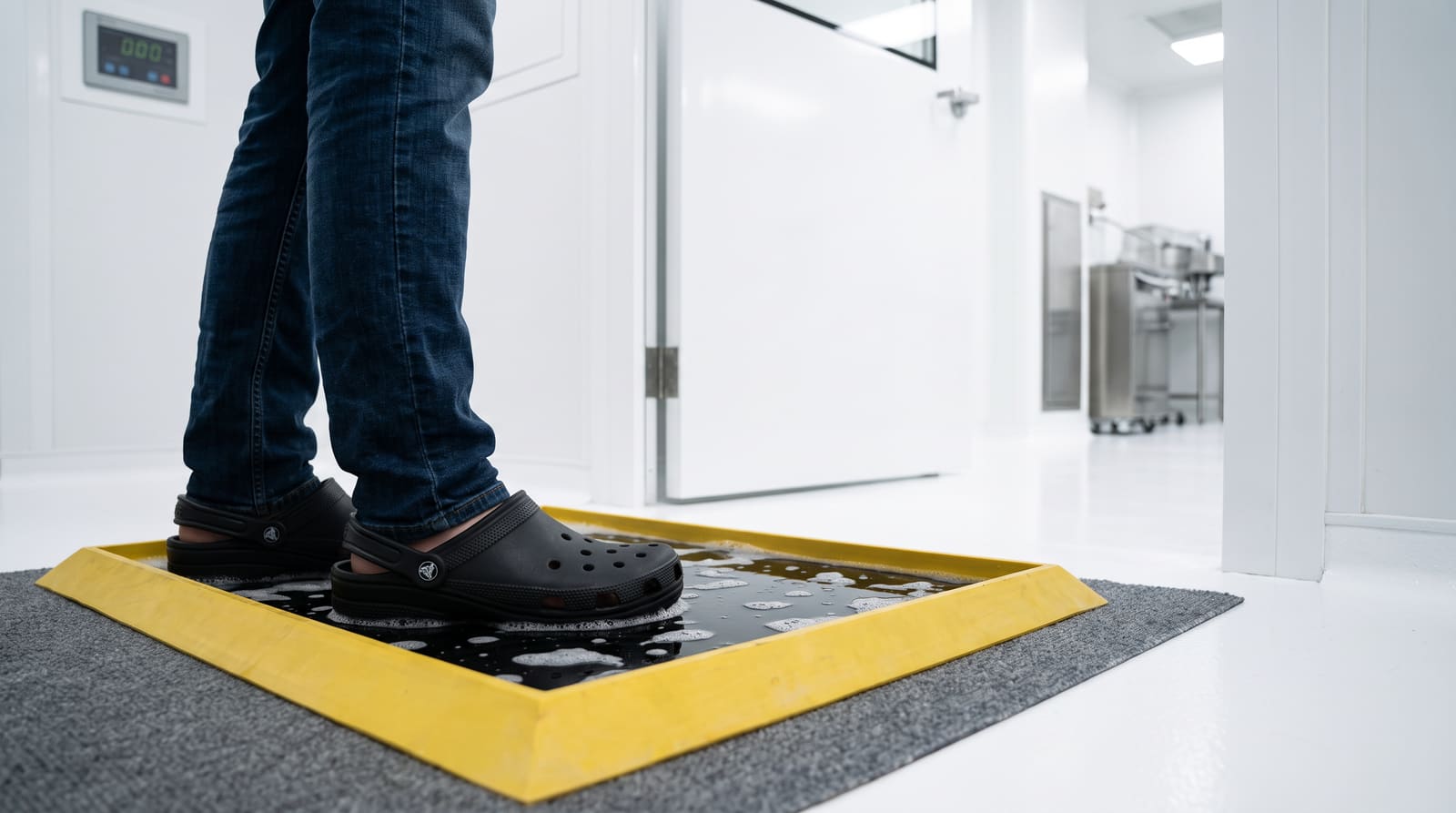 Chemical footbath mat at a controlled facility doorway