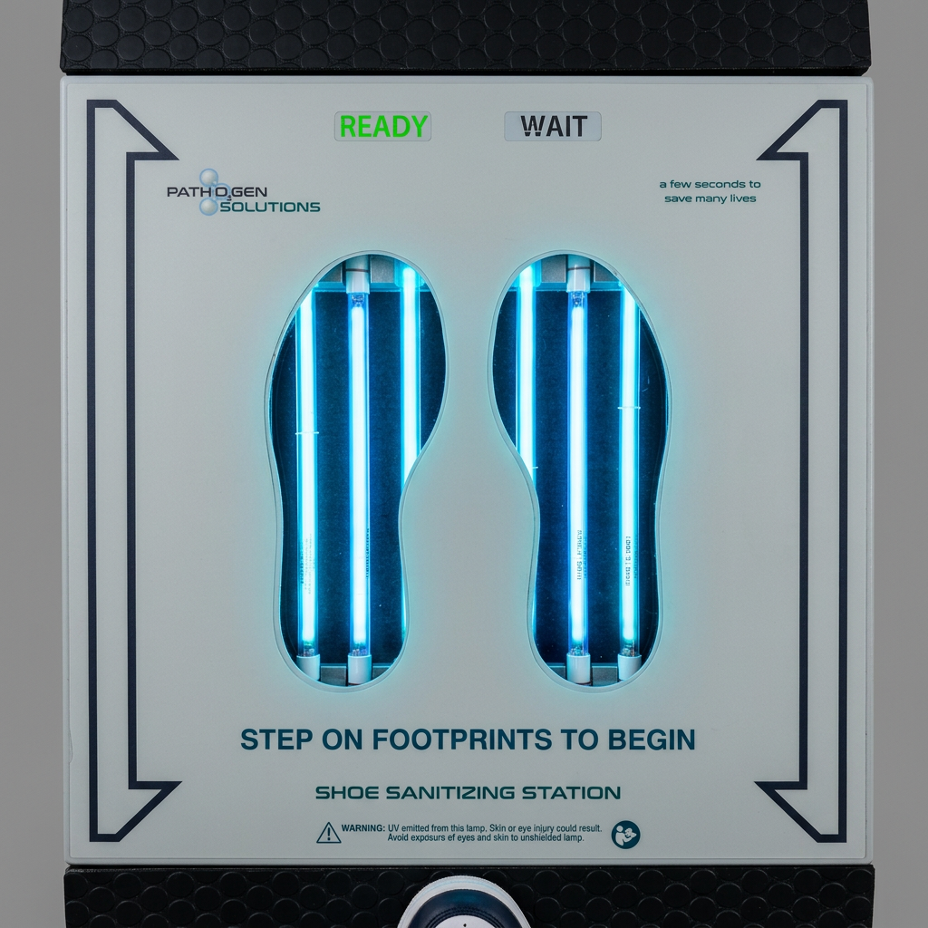 UVZone® footwear sanitizing station showing both shoe positions on the floor-mounted unit